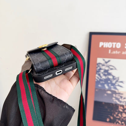 GG Classic Leather Card Holder Case with Strap for iPhone 12-18