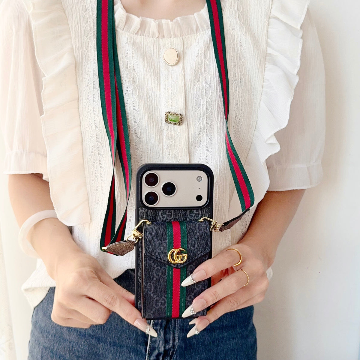 GG Classic Leather Card Holder Case with Strap for iPhone 12-18