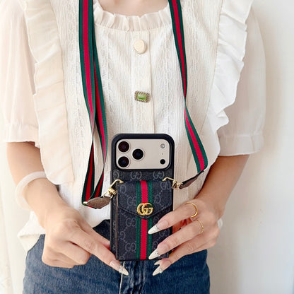 GG Classic Leather Card Holder Case with Strap for iPhone 12-18