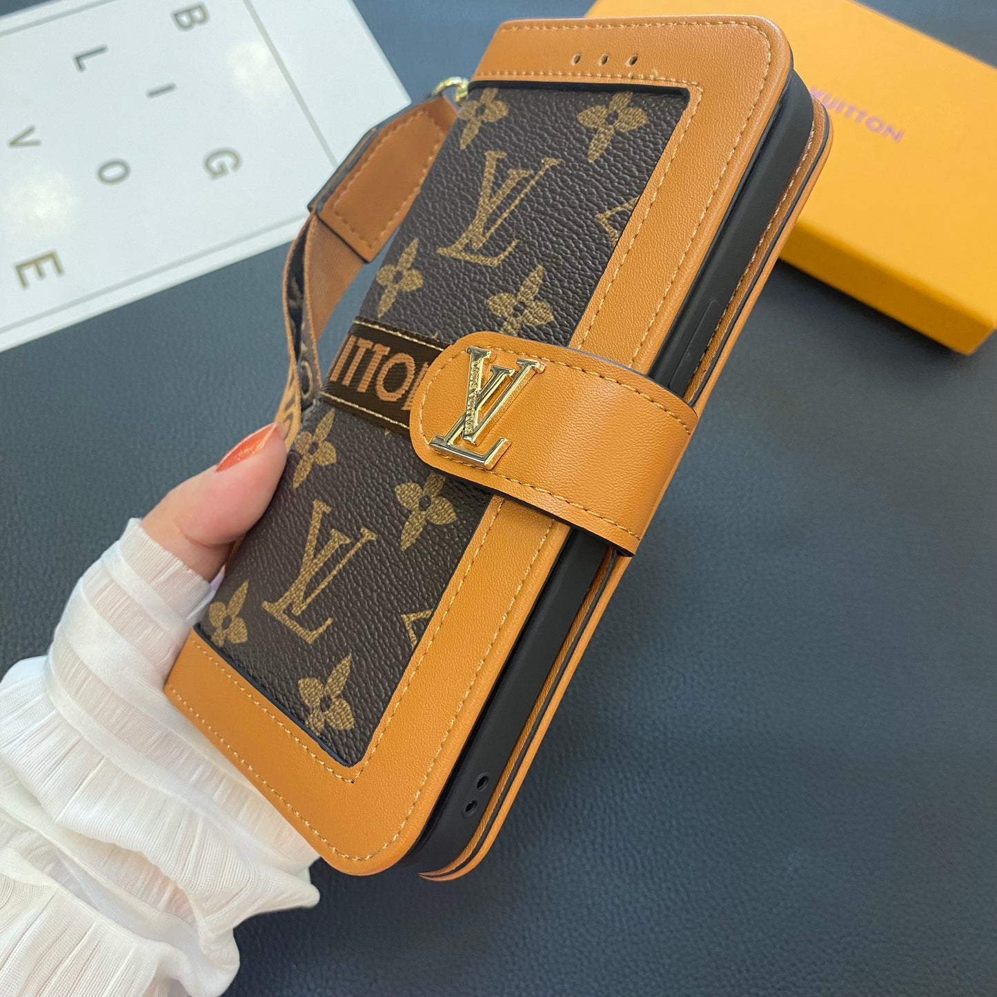 Luxury Leather Folio Monogram iPhone Case With Wallet And Strap