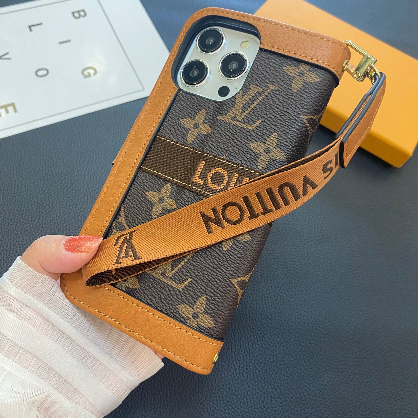 Luxury Leather Folio Monogram iPhone Case With Wallet And Strap