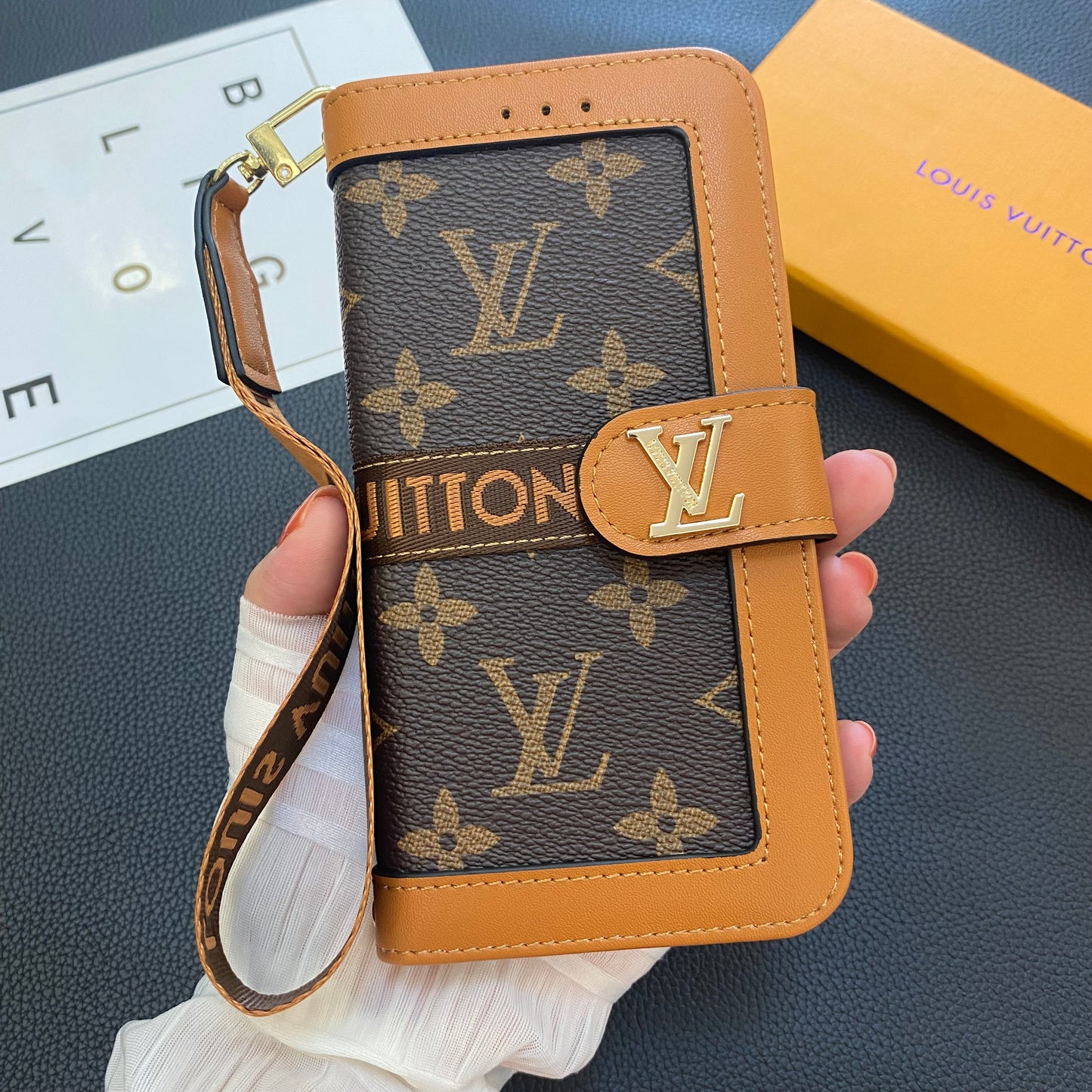 Luxury Leather Folio Monogram iPhone Case With Wallet And Strap