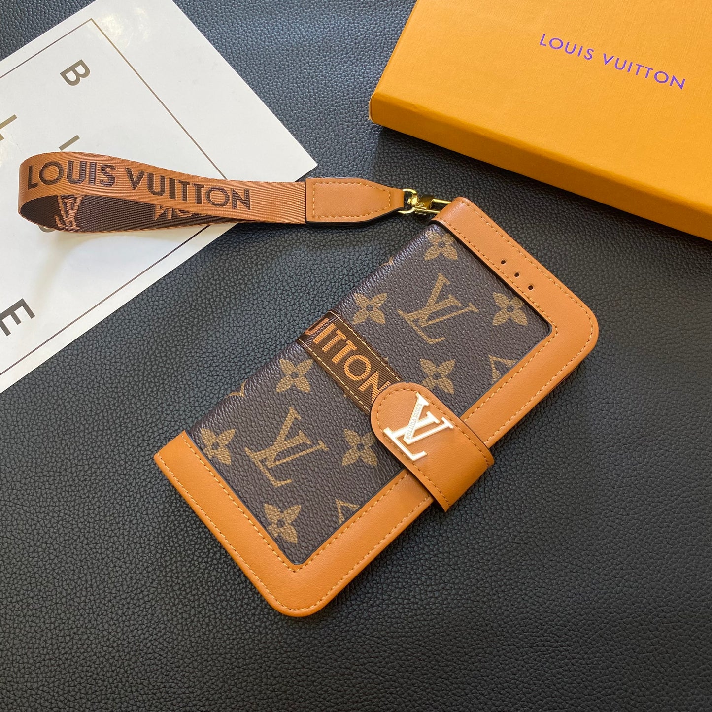 Luxury Leather Folio Monogram iPhone Case With Wallet And Strap