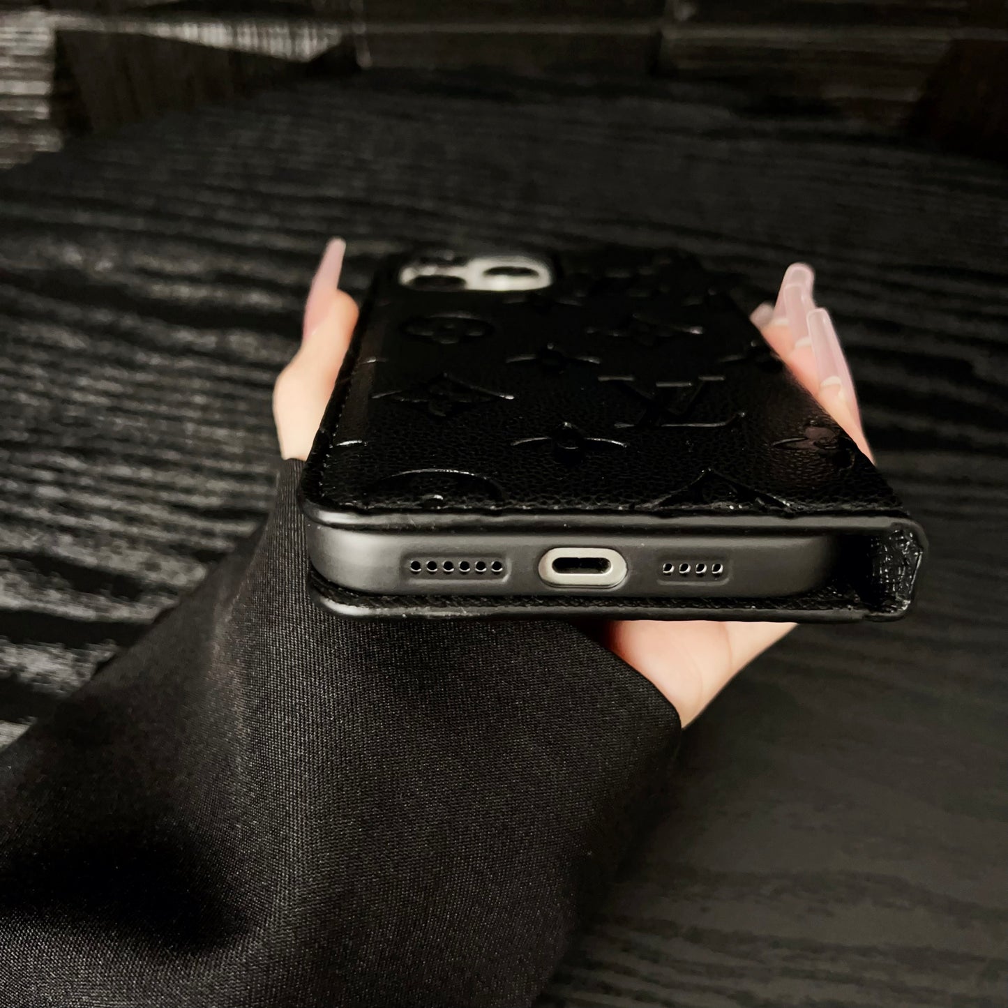 Premium Leather Folio Monogram iPhone Case With Card Holder