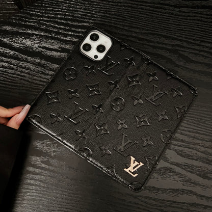 Premium Leather Folio Monogram iPhone Case With Card Holder