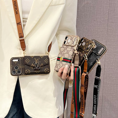 Elegant GG Leather Case with Card Wallet & Strap for iPhone 12-18 Pro & Pro Max