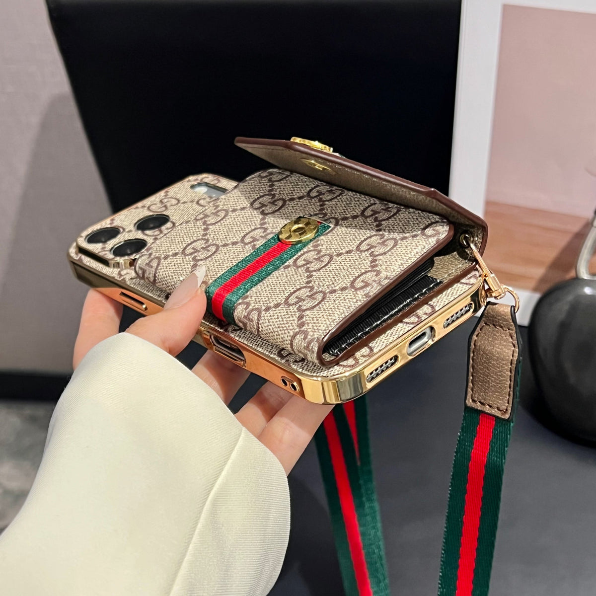 Elegant GG Leather Case with Card Wallet & Strap for iPhone 12-18 Pro & Pro Max
