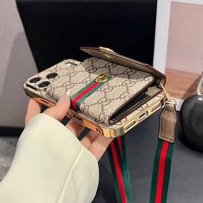 Elegant GG Leather Case with Card Wallet & Strap for iPhone 12-18 Pro & Pro Max