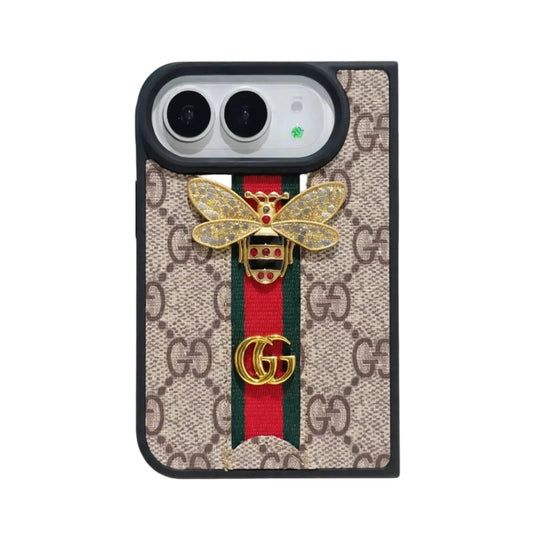 Luxury GG Monogram Bee Leather Case for iPhone Duo