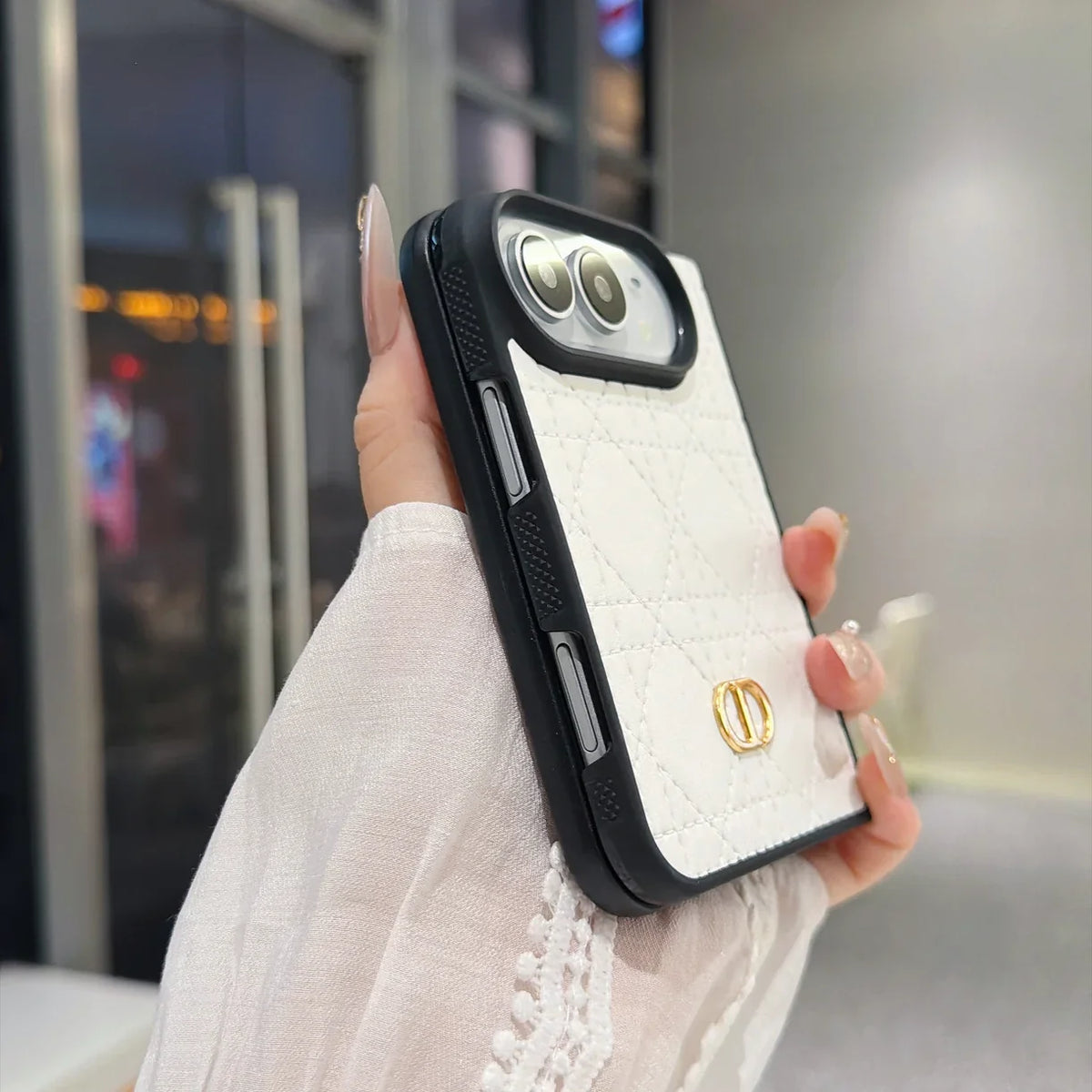 Luxury C Dior Quilted Leather Case with Gold Emblem for iPhone Duo