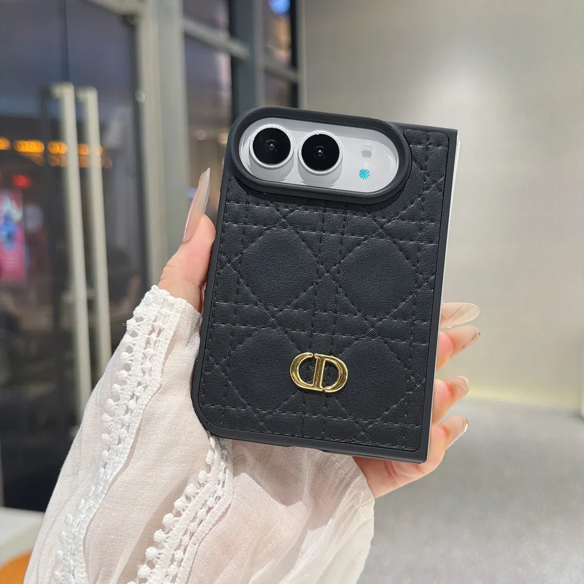 Luxury C Dior Quilted Leather Case with Gold Emblem for iPhone Duo