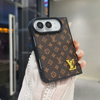 Luxury Classic LV Leather Case with Gold Emblem for iPhone Duo
