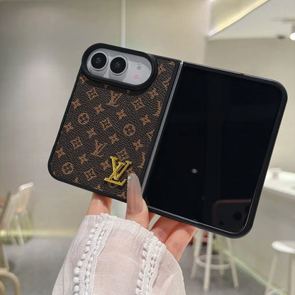Luxury Classic LV Leather Case with Gold Emblem for iPhone Duo