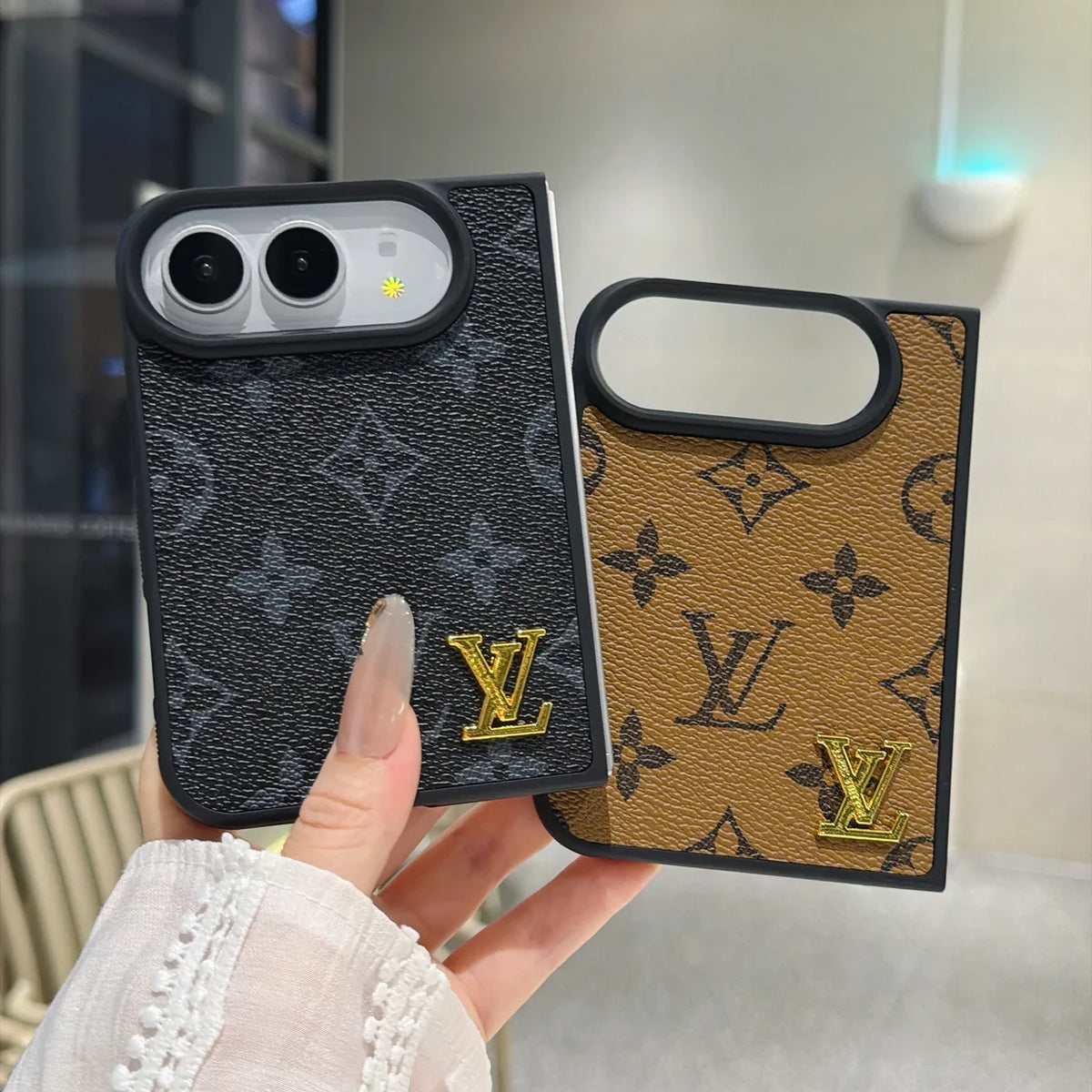Luxury Classic LV Leather Case with Gold Emblem for iPhone Duo