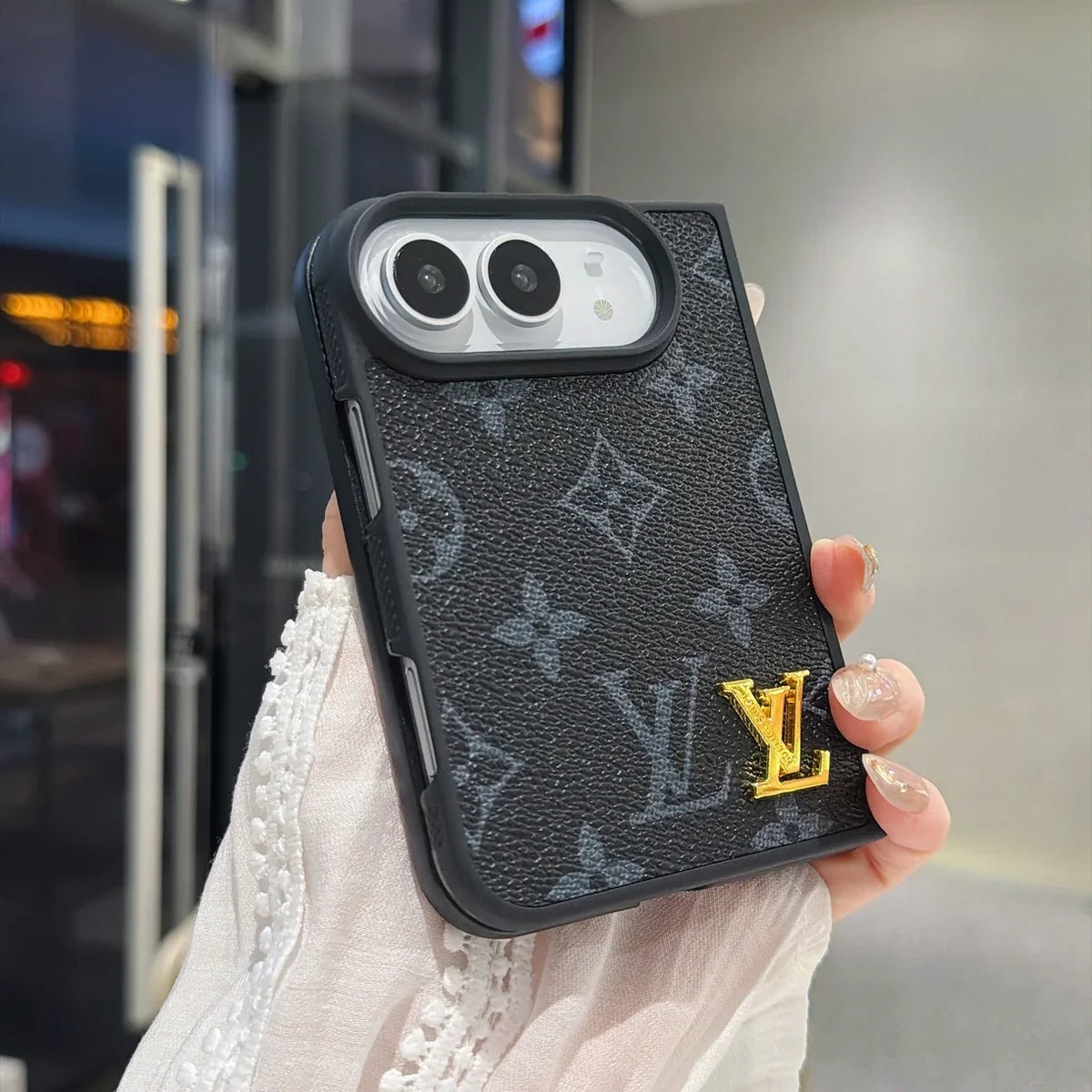 Luxury Classic LV Leather Case with Gold Emblem for iPhone Duo