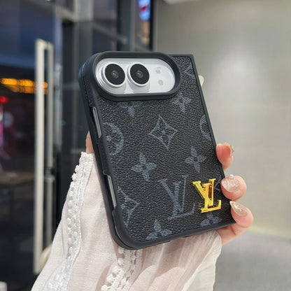 Luxury Classic LV Leather Case with Gold Emblem for iPhone Duo