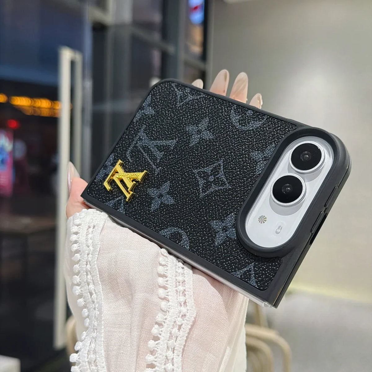 Luxury Classic LV Leather Case with Gold Emblem for iPhone Duo