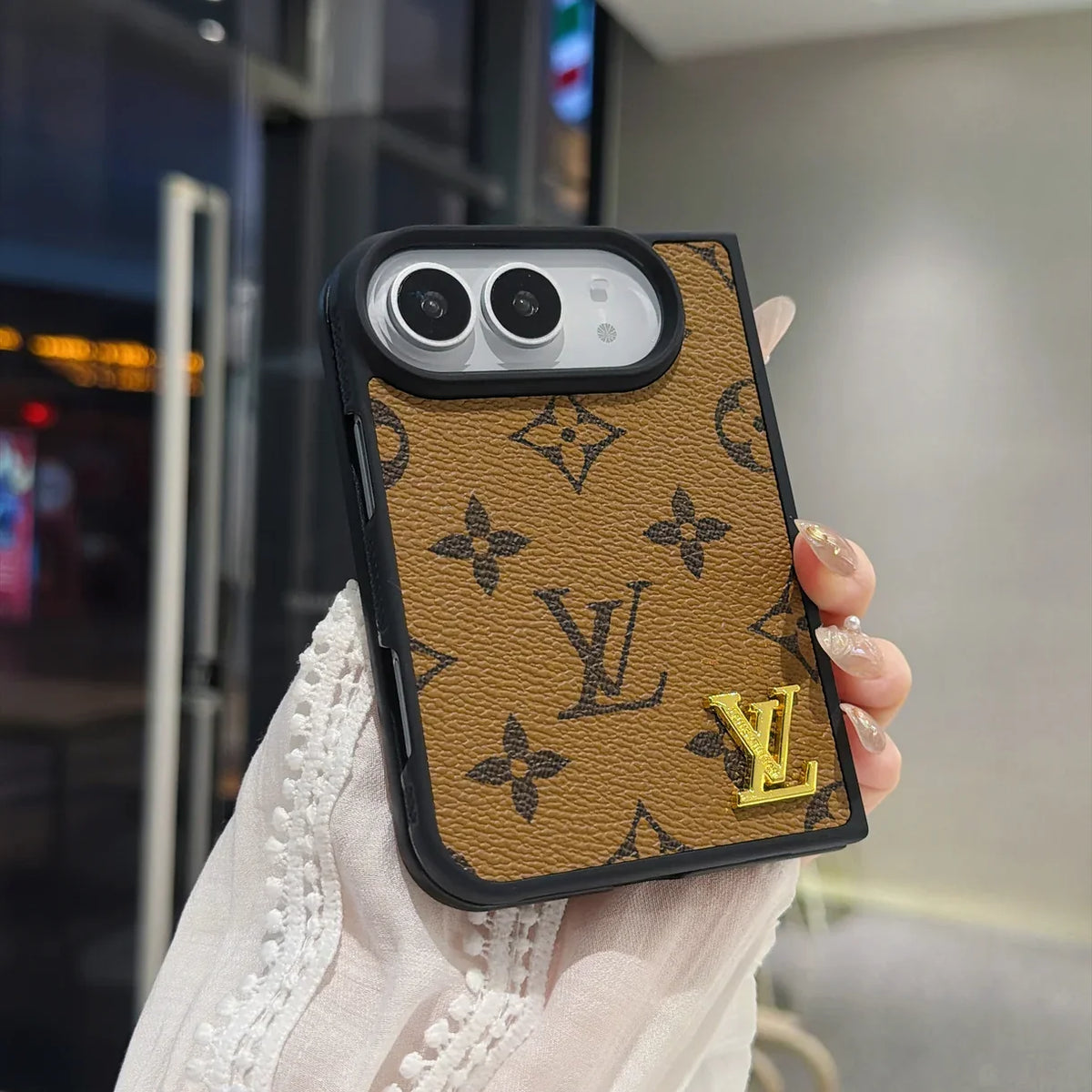 Luxury Classic LV Leather Case with Gold Emblem for iPhone Duo