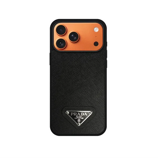 Premium Saffiano Leather Case with Metallic Badge for iPhone 12-18 Pro & Pro Max