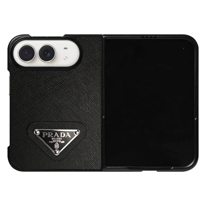 Luxury Textured Prada Leather Case with Black Metal Logo for iPhone Duo