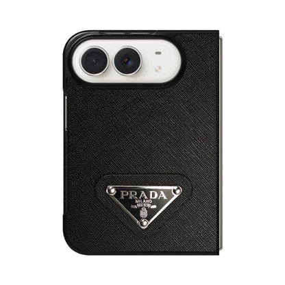 Luxury Textured Prada Leather Case with Black Metal Logo for iPhone Duo