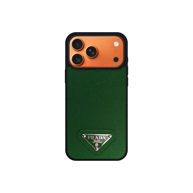 Premium Saffiano Leather Case with Metallic Badge for iPhone 12-17 Series