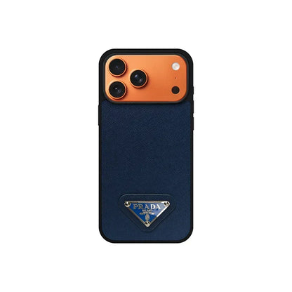 Premium Saffiano Leather Case with Metallic Badge for iPhone 12-18 Pro & Pro Max