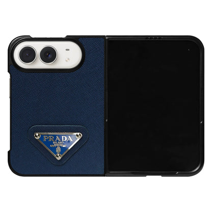 Luxury Textured Prada Leather Case with Blue Metal Logo for iPhone Duo