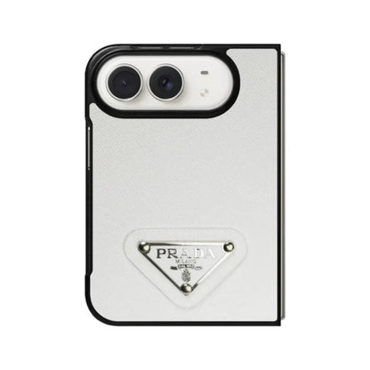 Luxury Textured Prada Leather Case with White Metal Logo for iPhone Duo