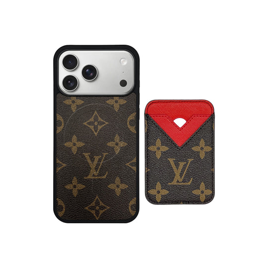 Set Magsafe Cardholder Orange LV Monogram Brown with Case For iPhone 12-17 Series