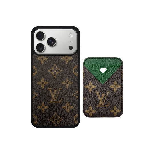 Set Magsafe Cardholder Orange LV Monogram Brown with Case For iPhone 12-17 Series