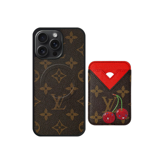 Set Magsafe Cardholder Orange LV Monogram with Case For iPhone 12-17 Series