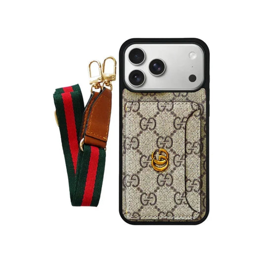 GG Brown Leather Card Holder Case with Lanyard for iPhone 12-18