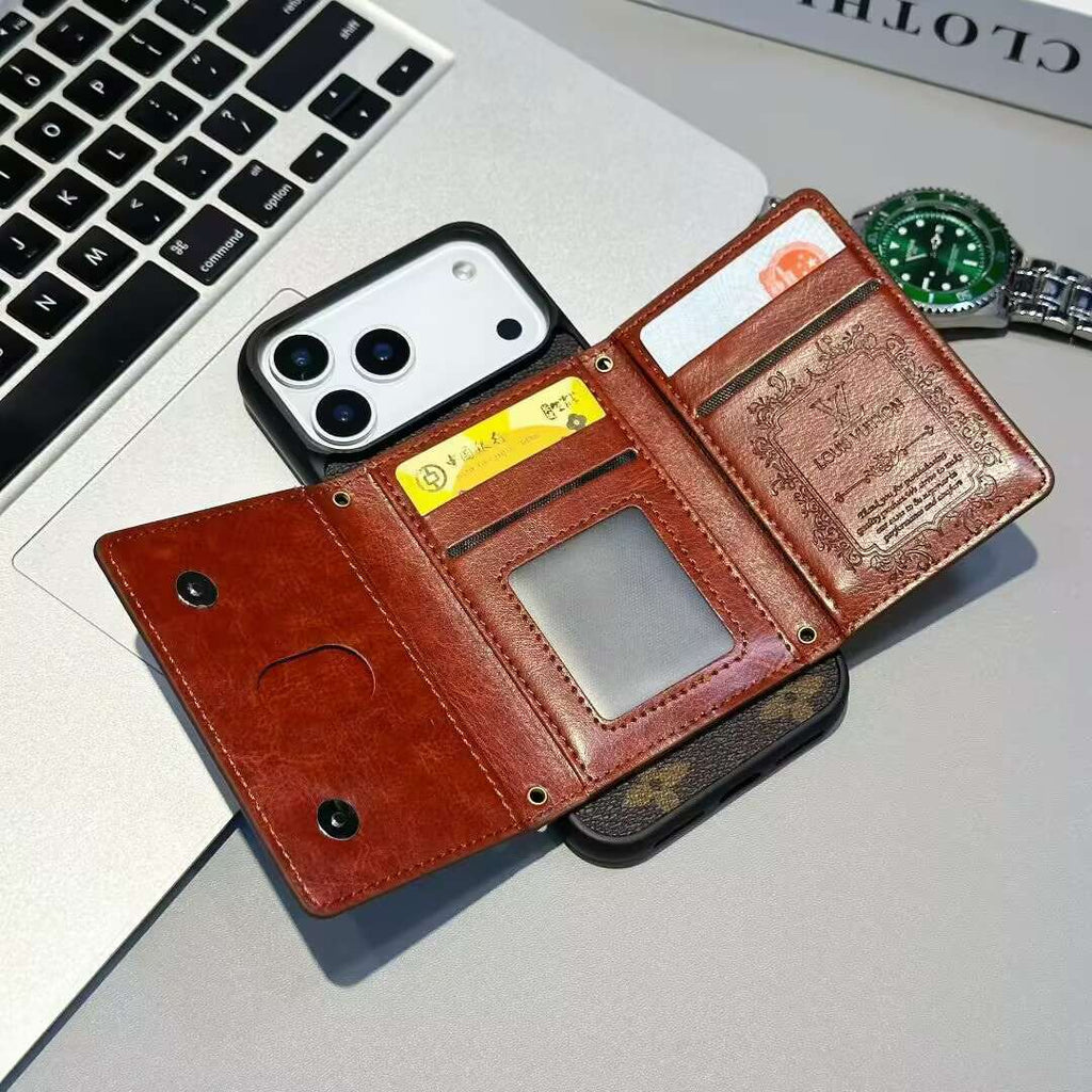 Luxury Card Holder Wallet LV Style Phone Case for iPhone 17/ 16/ 15/ 14