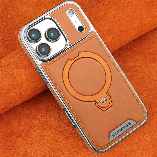 Magnetic Bracket Attraction Cowhide Leather Plating Phone Cover For iPhone 17/ 16/ 15/ 14