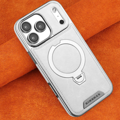 Magnetic Bracket Attraction Cowhide Leather Plating Phone Cover For iPhone 17/ 16/ 15/ 14