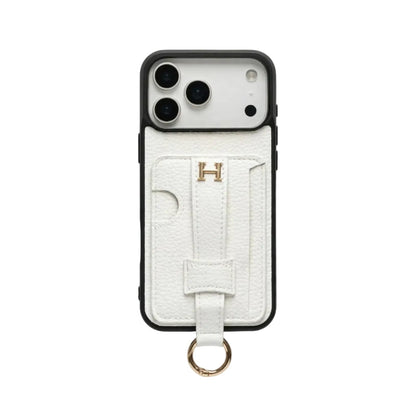 HRM Pebbled Leather Case with Pull-Tab Strap & Ring for iPhone 12-18 Pro & Pro Max