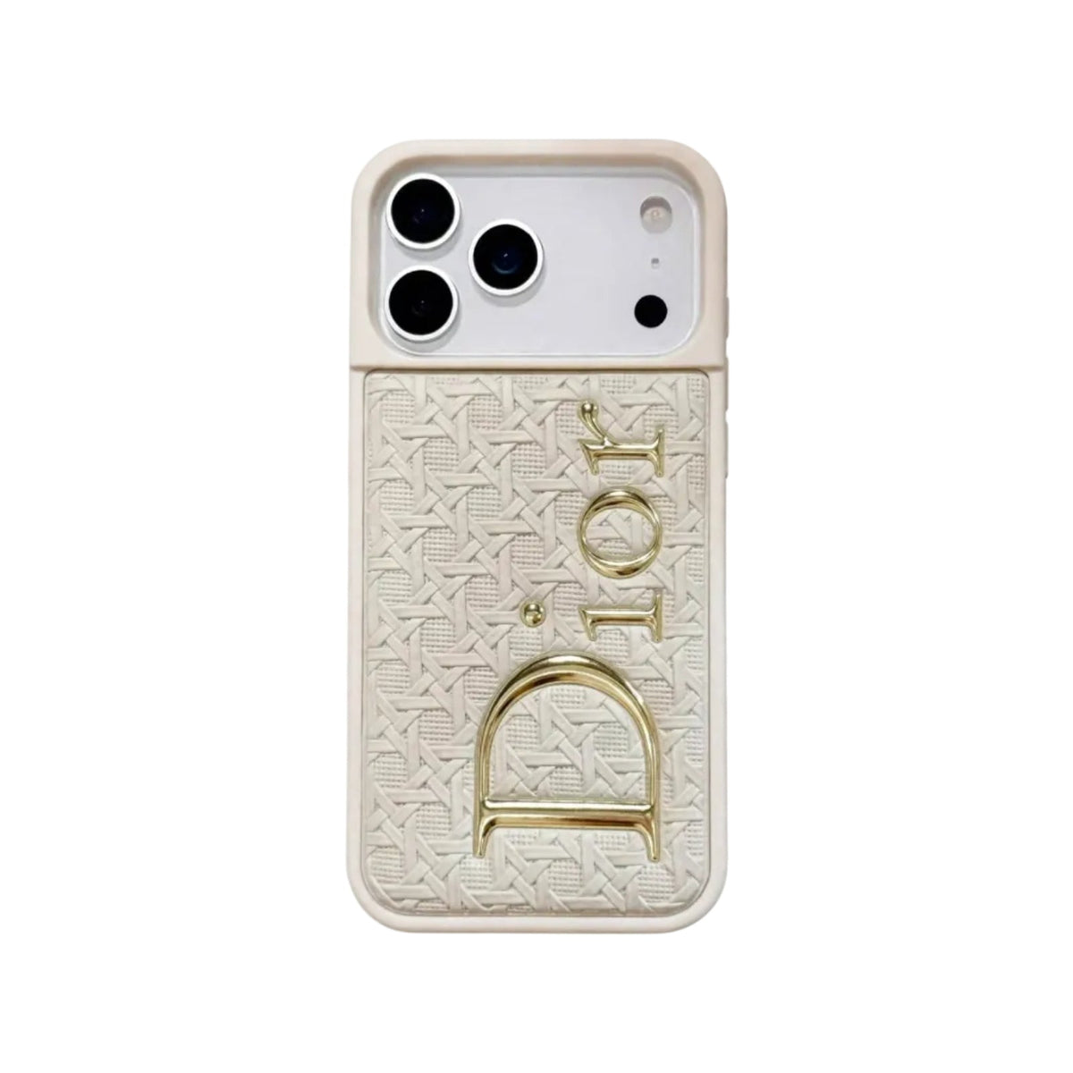 Luxury Cannage Weave iPhone Case with Gold Dior Emblem