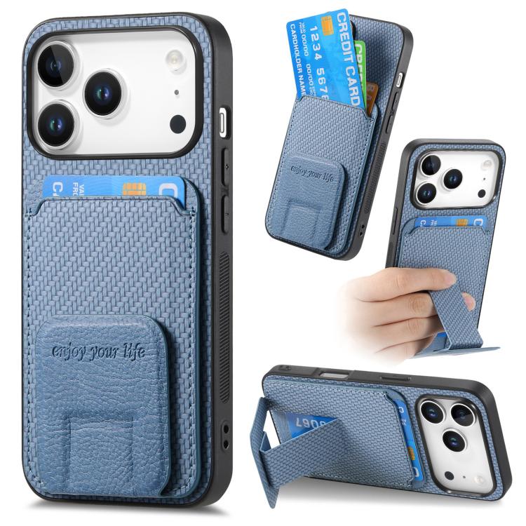 Carbon Fiber Card Bag Fold Stand Phone Case For iPhone 17 / 16 / 15 / 14