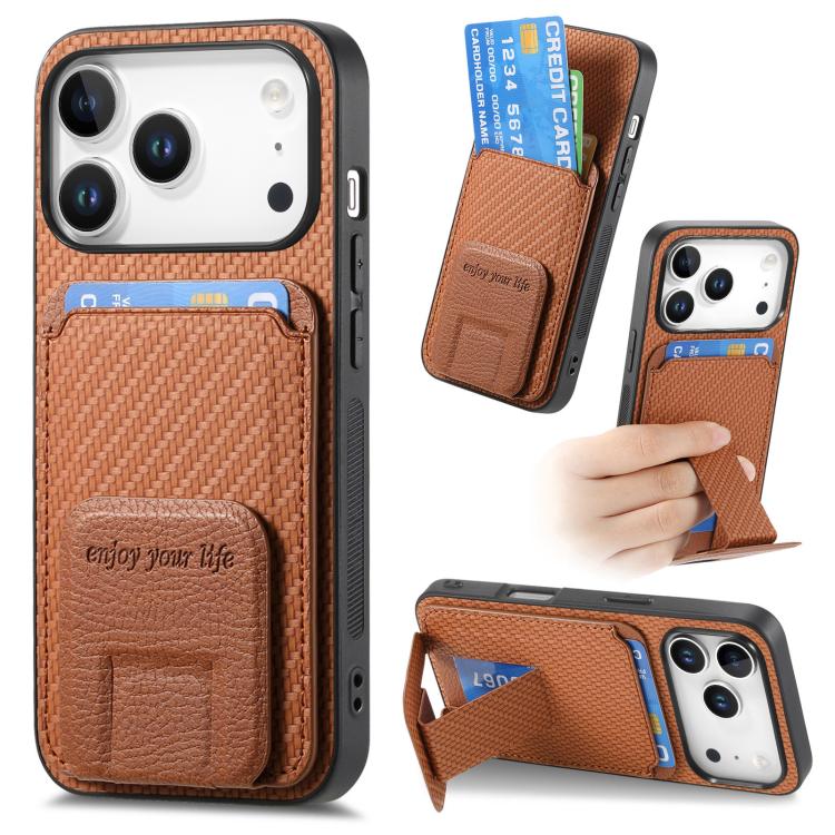 Carbon Fiber Card Bag Fold Stand Phone Case For iPhone 17 / 16 / 15 / 14