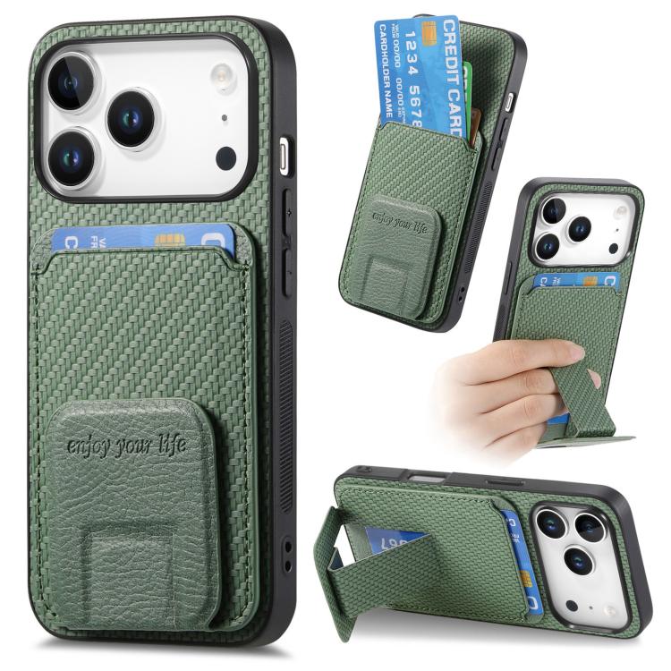 Carbon Fiber Card Bag Fold Stand Phone Case For iPhone 17 / 16 / 15 / 14