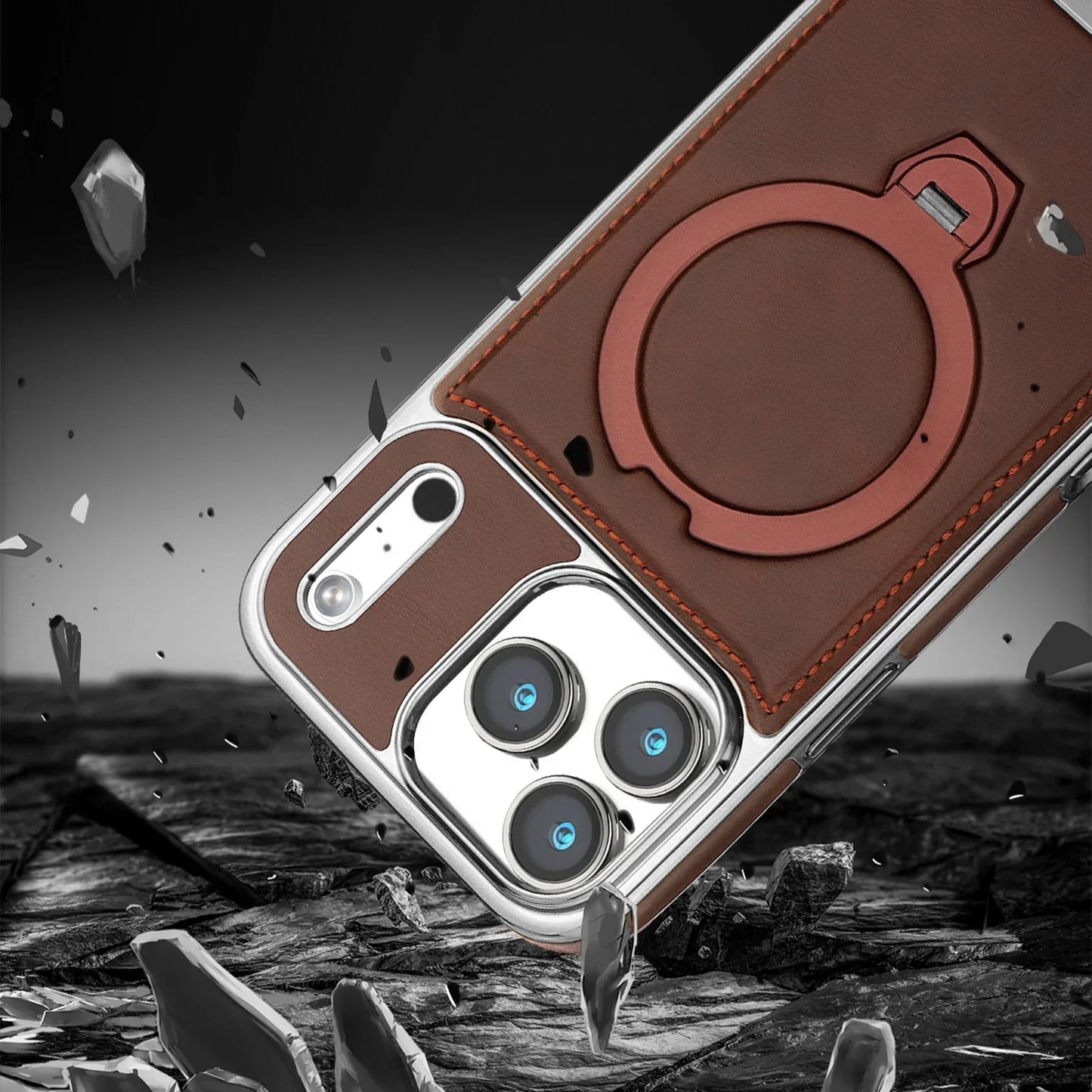 Magnetic Bracket Attraction Cowhide Leather Plating Phone Cover For iPhone 17/ 16/ 15/ 14
