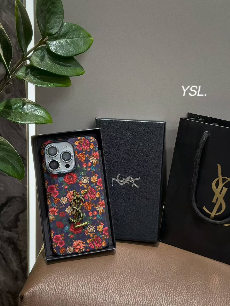Luxury Vintage Floral Phone Case with Gold Twisted YSL Emblem for iPhone 12-18 Pro & Pro Max