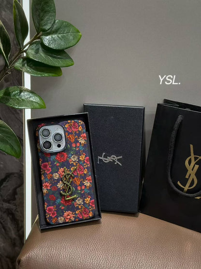 Luxury Vintage Floral Phone Case with Gold Twisted YSL Emblem for iPhone 12-18 Pro & Pro Max