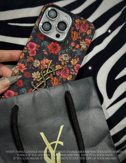 Luxury Vintage Floral Phone Case with Gold Twisted YSL Emblem for iPhone 12-18 Pro & Pro Max