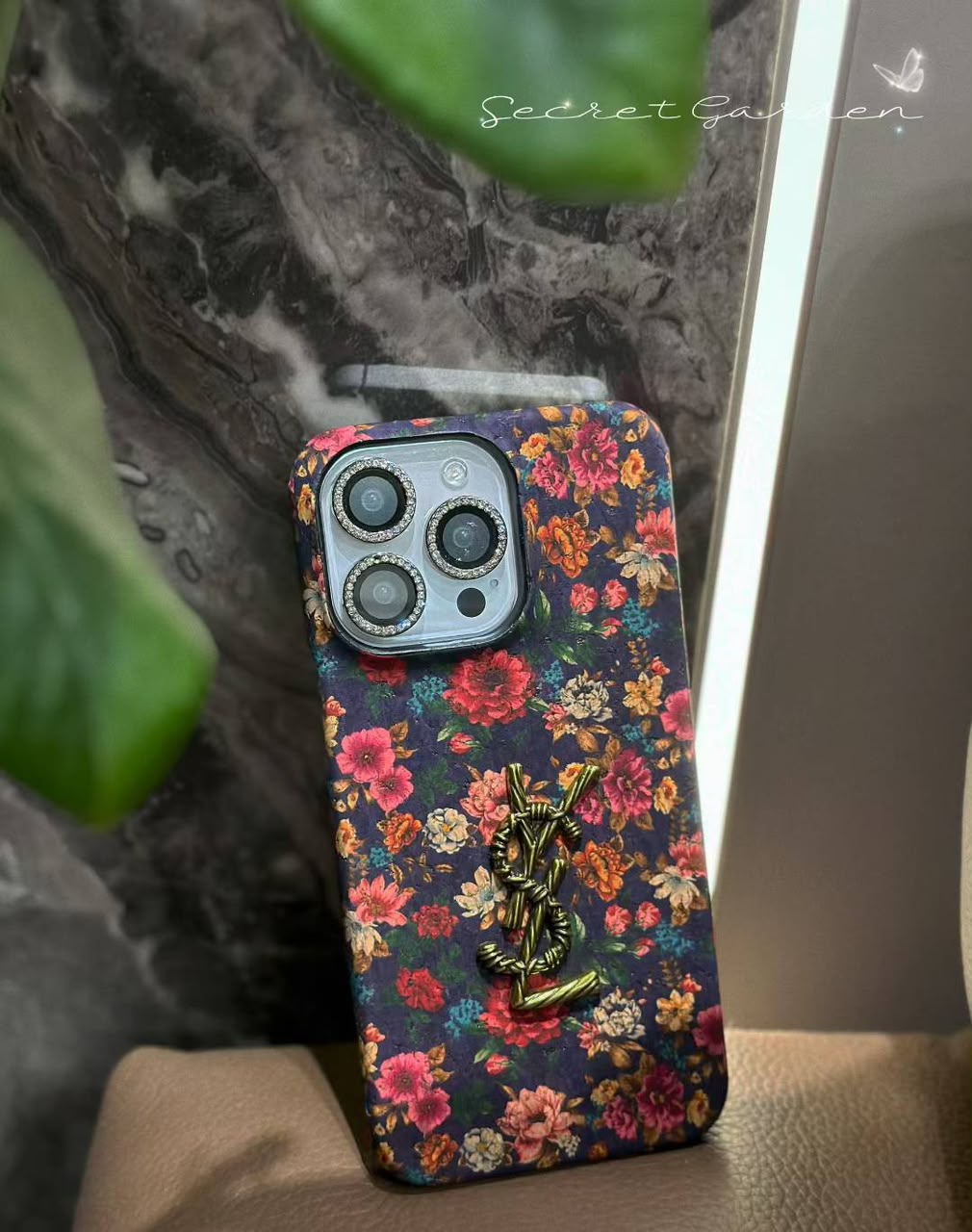 Luxury Vintage Floral Phone Case with Gold Twisted YSL Emblem for iPhone 12-18 Pro & Pro Max