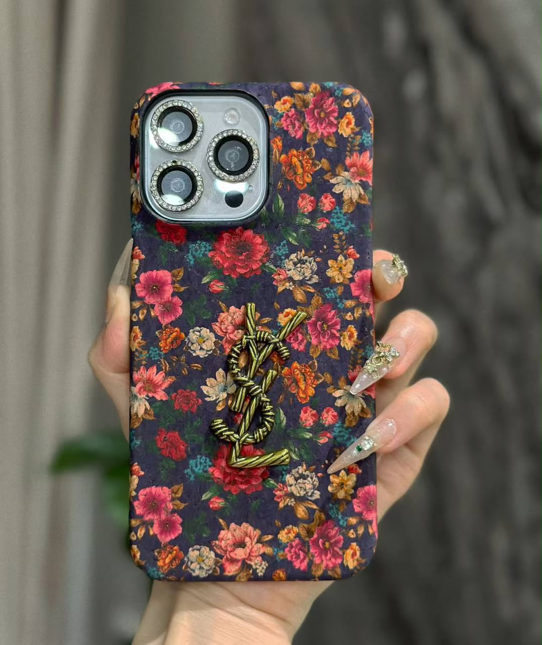 Luxury Vintage Floral Phone Case with Gold Twisted YSL Emblem for iPhone 12-18 Pro & Pro Max