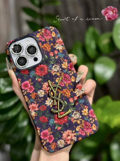 Luxury Vintage Floral Phone Case with Gold Twisted YSL Emblem for iPhone 12-18 Pro & Pro Max