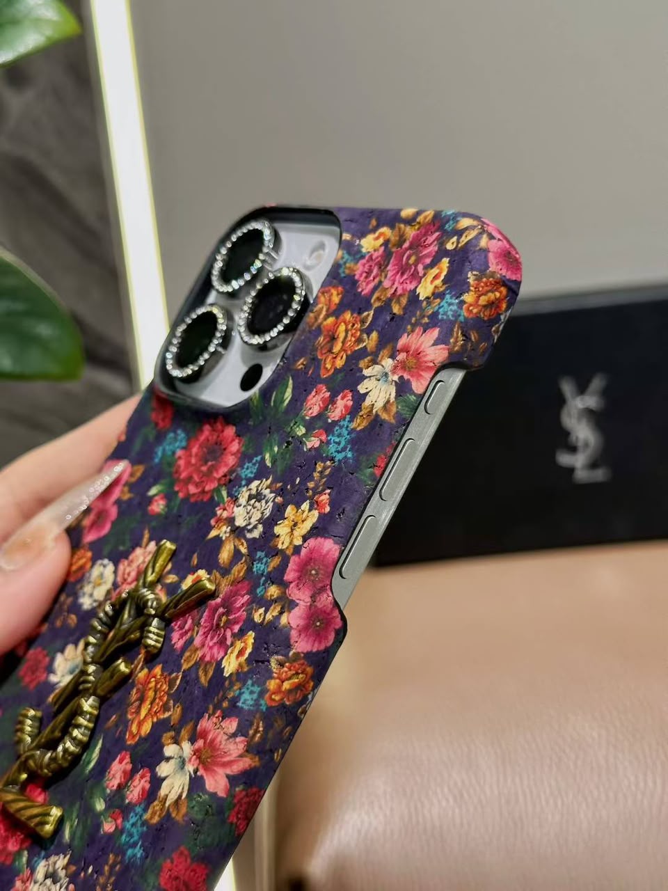 Luxury Vintage Floral Phone Case with Gold Twisted YSL Emblem for iPhone 12-18 Pro & Pro Max