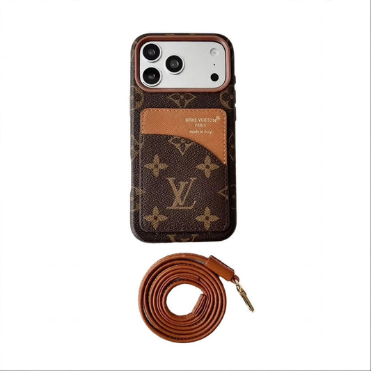 Luxury Monogram Cardholder Phone Case with Lanyard Strap For iPhone 13-18 Pro & Pro Max